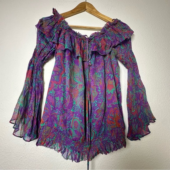 Ramy Brook 100% Viscose Floral Multicolor with Ruffles and Bell Sleeves Blouse - Picture 2 of 12